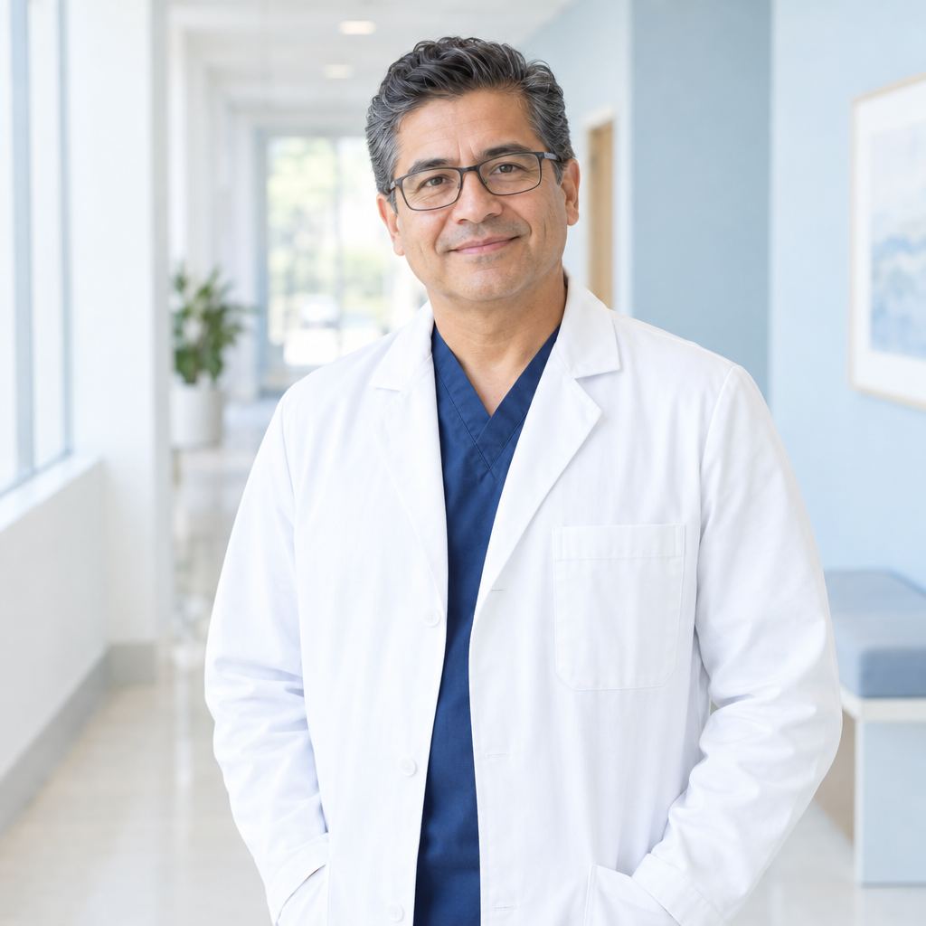 A smiling physician in a white coat in a bright clinic hallway (illustrative)