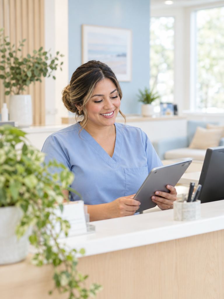 A smiling clinic receptionist reviewing a tablet at the front desk