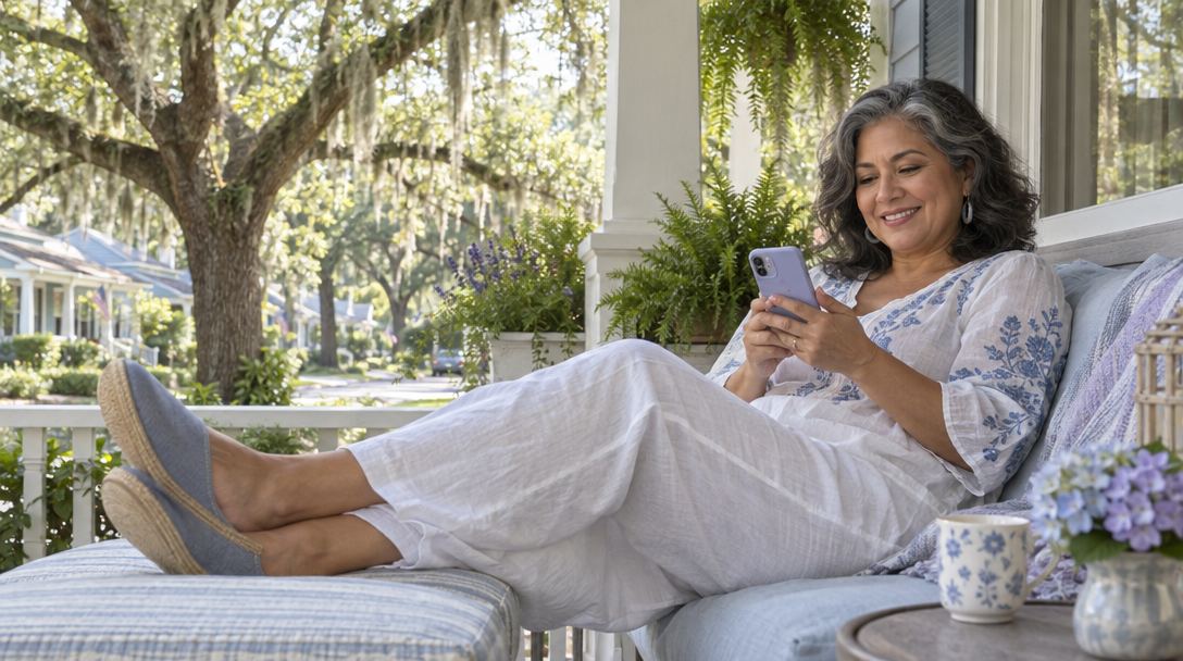 A woman relaxing at home in Houston with her legs up, smiling at her phone
